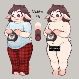 anthro bag_of_food belly bottomwear can censor_bar cheek_spots clothed clothing container food hair horn looking_down male navel nipples nude overweight overweight_anthro overweight_male pajama_pants pants pattern_bottomwear pattern_clothing paws plaid plaid_bottomwear plaid_clothing shirt smile solo t-shirt tail tongue tongue_out topwear zlut385 nahte_(zlut385) bovid caprine goat mammal 1:1 censored