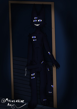 4_toes 5_fingers anthro balls big_balls big_penis black_body black_fur blue_eyes bodily_fluids doorway erection feet fingers fur genital_fluids genitals looking_at_viewer male multi_eye multicolored_body penis precum skinny_male smile smiling_at_viewer solo standing toes murasakine_fox shadow_hoshi_(sky_heart) demon domestic_cat felid feline felis mammal shadow_creature hi_res