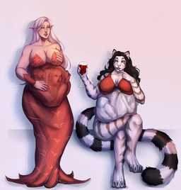 4_toes abdominal_bulge anthro anthro_pred belly beverage big_belly black_hair body_outline bra breasts claws clothed clothing clothing_bulge crossed_legs digitigrade dress duo face_imprint feet female female_pred finger_claws fluffy fluffy_tail fully_inside fur hair holding_breast holding_glass holding_object human_prey humanoid_pointy_ears humanoid_pred imprint long_tail magic_user multiple_pred oral_vore pointy_ears same_size_vore stripes tail toe_claws toes underwear vore white_body white_fur white_hair witch nst123 felid human humanoid mammal pantherine tiger hi_res