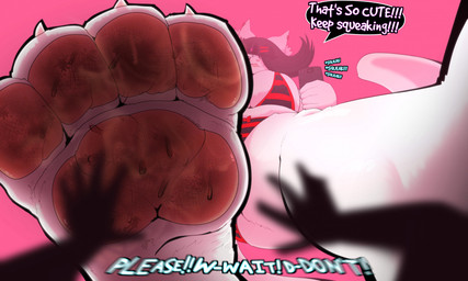 4_toes anthro bodily_fluids claws dialogue dirty dirty_feet duo extreme_size_difference feet female first_person_view forced looking_at_viewer low-angle_view macro micro micro_pov pawpads paws size_difference speech_bubble sweat sweaty_feet talking_to_viewer toe_claws toes trampling underfoot junethekitty felid feline mammal hi_res
