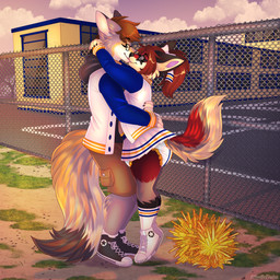 accessory anthro bottomwear bow_ribbon brown_hair cargo_shorts chain-link_fence cheerleader cheerleader_outfit clothed clothing diaper diaper_under_clothing diaper_under_skirt duo eyes_closed eyewear female fence footwear glasses hair hair_accessory hair_bow hair_ribbon hoodie hug jacket kissing letterman_jacket male male/female ponytail ribbons shoes shorts skirt sneakers socks tiptoes topwear wearing_diaper minettefraise converse nova_(noverz) pow_(powhatan) canid canine canis fox mammal wolf 1:1 hi_res