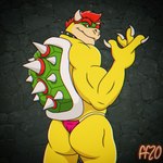 anthro biped butt claws clothing collar eyebrows finger_claws g-string green_shell hair horn male mouth_closed muscular muscular_anthro muscular_male red_eyebrows red_eyes red_hair scales shell solo spiked_collar spiked_shell spikes spikes_(anatomy) tailless underwear yellow_body yellow_scales fabfelipe mario_bros nintendo bowser koopa scalie 1:1 2020 digital_media_(artwork) hi_res