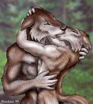 anthro areola biped brown_body brown_fur cheek_tuft duo facial_tuft fur holding_head kiss_on_lips kissing male male/male muscular nipples tail tuft wooky canid canine mammal 1999 artist_name dated