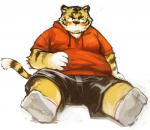 anthro belly biped blush clothed clothing footwear fur hand_on_belly hoodie legwear male moobs orange_body orange_fur overweight overweight_anthro overweight_male simple_background sitting socks solo striped_body striped_fur stripes topwear white_background kita_9999 felid mammal pantherine tiger