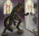 anthro blood bodily_fluids broken_glass clenched_teeth digitigrade fluffy fluffy_tail glass male mirror solo stained_glass standing tail tears teeth zenthetiger mercifur canid canine canis mammal wolf 2009