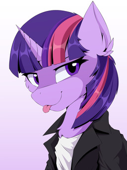 clothed clothing female feral horn looking_at_viewer open_clothing open_shirt open_topwear shirt simple_background solo tongue tongue_out topwear hovawant friendship_is_magic hasbro my_little_pony mythology twilight_sparkle_(mlp) equid equine mammal mythological_creature mythological_equine unicorn 3:4 hi_res