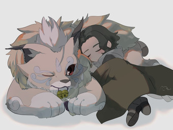 bedding black_hair blanket brown_body brown_fur cuddling duo feral fur hair male red_eyes sleeping young young_male mkz_kabeuchi bandai_namco digimon digimon_beatbreak kyo_sawashiro cougarmon digimon_(species) human mammal 4:3 hi_res