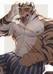 abs anthro armpit_hair blush body_hair bulge butt clothed clothing erection erection_under_clothing eyes_closed felid feline felis fur genitals hachi_duchi hi_res male mammal muscular muscular_male nipples open_mouth pecs scar simple_background solo stripes teeth tongue tongue_out underwear