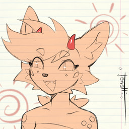 anthro arm_markings blush blush_lines cheek_tuft facial_tuft fangs female fur horn markings shoulder_markings simple_background smile solo teeth tuft tenshiistar sol_(forrest18) demon hybrid 1:1 portrait