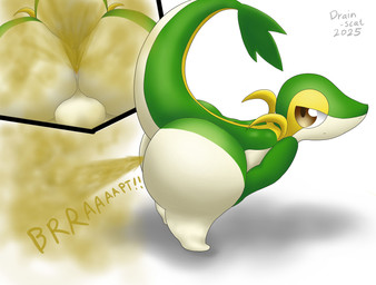 anthro anus balls big_butt brown_eyes butt curvy_figure fart fart_cloud genitals green_body leaf leaf_tail male multicolored_body simple_background solo tail tan_body white_background wide_hips yellow_body drain_scat nintendo pokemon generation_5_pokemon pokemon_(species) snivy 2025 absurd_res hi_res