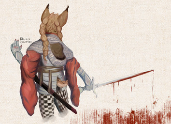 5_fingers ambiguous_gender anthro armor biped black_text blood bodily_fluids braided_hair clothed clothing fingers fur hair holding_melee_weapon holding_object holding_sword holding_weapon melee_weapon scabbard solo standing sword tail text weapon leprzil pan_(leprzil) felid feline lynx mammal 2026 english_text hi_res male_(lore)