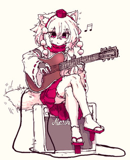 amplifier armwear asian_clothing black_armwear black_bridal_gauntlets black_clothing bottomwear bridal_gauntlets clothing crossed_legs detached_sleeves east_asian_clothing electric_guitar female footwear geta guitar hair hat headgear headwear holding_guitar holding_musical_instrument holding_object japanese_clothing legwear looking_at_viewer musical_instrument musical_note musical_symbol playing_guitar playing_music plucked_string_instrument red_armwear red_bottomwear red_clothing red_eyes red_footwear red_geta red_hat red_headwear red_skirt shirt simple_background sitting skirt smile socks solo string_instrument symbol tabi_socks tail tengu_geta thigh_highs tokin_hat topwear white_background white_clothing white_detached_sleeves white_footwear white_hair white_legwear white_shirt white_socks white_tail white_thigh_highs white_topwear rampa93 marshall_amplification touhou momiji_inubashiri animal_humanoid canid canid_humanoid canine canine_humanoid humanoid mammal mammal_humanoid wolf_humanoid 2025 hi_res