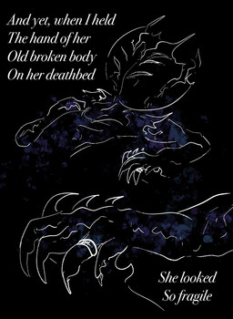 abstract_background ambiguous_gender anthro black_background blue_clothing clothing death digit_ring disembodied_hand duo dying elderly facial_scar hand_holding jewelry lying married_couple mostly_offscreen_character mouthless multi_eye on_back ring romantic romantic_couple scar simple_background text wedding_ring white_line_art fernshawart hollow_knight_(franchise) team_cherry arthropod insect weaver_(hollow_knight) 2025 colored_line_art english_text sequence female_(lore)