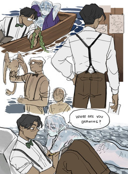 ambiguous_gender boat bottomwear breasts butt casual_nudity clothed clothing duo eyewear feathers female feral glasses group hair iridescent iridescent_body iridescent_hair iridescent_scales male nipples pants scales speech_bubble trio vehicle watercraft starfleetrambo edward_(starfleetrambo) oskar_(starfleetrambo) animal_humanoid avian human humanoid mammal marine marine_humanoid oarfish_humanoid siren digital_media_(artwork) trans_(lore) trans_man_(lore)