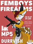 anthro bulge clothing fake_ears fake_rabbit_ears femboy fishnet_clothing fishnet_legwear gun hair holding_gun holding_object holding_ranged_weapon holding_weapon latex latex_clothing legwear male mp5 ranged_weapon solo standing submachine_gun tail text weapon marcus_gray heckler_and_koch durrvish novabeast cover english_text hi_res magazine_cover