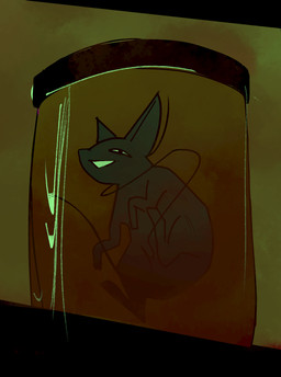 ambiguous_gender black_body black_fur bound container encasement floating fur jar liquid long_tail sealed smile solo squinted_eyes tail teeth eepy_donkey mammal murid murine rat rodent hi_res