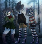 anthro bottomwear choker clothing domestic_cat elizabeth_(oc) eyewear felid feline felis female forest glasses group jewelry lagomorph leggings legwear leporid male mammal nastygio necklace plant rabbit shorts skirt stacker_(oc) sweater topwear tree wendy_(oc) winter