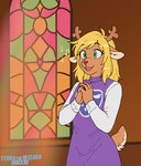 anthro antlers biped blonde_hair buckteeth church clothed clothed_anthro clothed_female clothing delta_rune_(emblem) ears_outwards eyebrow_through_hair eyebrows female female_anthro fur green_eyes hair horn inside logo medium_hair musical_note musical_symbol open_mouth open_smile pivoted_ears prayer_hands purple_clothing purple_robe red_nose robe scut_tail short_tail singing slim slim_anthro slim_female smile snout solo stained_glass standing symbol tail tan_body tan_fur teeth text translucent translucent_hair terrathewizard deltarune undertale undertale_(series) noelle_holiday deer mammal new_world_deer reindeer 2025 artist_logo artist_name dated detailed digital_drawing_(artwork) digital_media_(artwork) english_description
