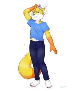 anthro barefoot blue_eyes bottomwear clothing crown denim denim_bottomwear denim_clothing dipstick_tail feet fur headgear jeans male markings orange_body orange_fur pants plains shirt solo standing tail tail_markings tiara topwear white_body white_fur yellow_body yellow_fur bunana canid canine fox mammal hi_res
