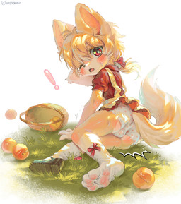 4_toes accessory alternative_fashion anthro apricot_(fruit) arm_tuft bangs basket biped black_nose blonde_hair blush blush_lines bodily_fluids bow_footwear bow_ribbon bulge cheek_tuft circle_eyebrows claws clothed clothed_anthro clothed_male clothing container country_lolita crossdressing crossdressing_male dress elbow_tuft emanata exclamation_point eyebrows facial_tuft fangs feet flash_emanata fluffy fluffy_tail food footwear frilly frilly_clothing frilly_dress fruit fur furgonomic_underwear furgonomics glistening glistening_eyes gloves_(marking) grass green_clothing green_footwear green_shoes hair hair_accessory hair_between_eyes hair_bow hair_ribbon hand_on_head hindpaw j-fashion kemono lolita_(fashion) looking_at_viewer male markings mary_janes multicolored_body multicolored_fur multicolored_tail on_grass on_ground one_eye_closed open_mouth panties pattern_clothing pattern_underwear paws plant red_clothing red_dress red_eyes ribbons shoes socks solo sweat tail tan_body tan_fur tan_tail tears teeth text tied_hair toes tongue_showing tuft underwear upskirt white_clothing white_eyebrows white_footwear white_socks yellow_body yellow_fur yellow_tail young young_anthro young_male angrygentoo canid canine fox mammal 2025 absurd_res artist_name digital_media_(artwork) hi_res