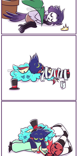 4_panel_comic aged_down anthro beak black_body black_feathers blue_body blue_clothing blue_feathers blue_shirt blue_topwear bottomwear box brown_bottomwear brown_clothing brown_shorts clothed clothing clown_costume container crown cuddling eyes_closed feather_hair feathers food footwear forehead_tattoo green_clothing green_onesie group hat headgear headwear horn lying lying_on_ground lying_on_top male male/male on_back on_front on_ground on_side onesie pink_clothing pink_shirt pink_topwear pizza pizza_box pizza_slice plant plant_pot potted_plant pseudo_hair red_body red_bottomwear red_clothing red_shorts red_skin shirt shoes shorts simple_background sleeping sleeping_together sleeveless_shirt smile striped_horn stripes suspenders tail tail_feathers text toilet_paper top_hat topwear white_background white_clothing white_face white_shirt white_topwear wrapped young norithelord hellaverse helluva_boss asmodeus_(helluva_boss) blitzo_(helluva_boss) fizzarolli_(helluva_boss) stolas_(helluva_boss) avian avian_demon bird chicken demon galliform humanoid imp owl owl_demon phasianid 2023 absurd_res artist_name hi_res watermark