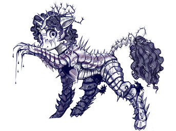 alternate_universe armor claws dripping female feral grimdark looking_at_viewer simple_background solo spikes spurs stripes thorns lachasseauxhiboux fallout fallout_equestria foe:_project_horizons friendship_is_magic hasbro microsoft my_little_pony fan_character rampage_(fallout_equestria) earth_pony equid equine horse mammal pony zony crossover monochrome