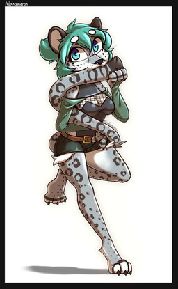 3_toes 4_fingers anthro armwear barefoot belt big_breasts bite black_clothing black_dress blue_eyes breasts claws cleavage clothed clothing dress eyelashes fangs feet female fingers fur green_hair grey_body grey_fur hair paws simple_background smile solo spots standing tail tail_bite tail_fetish tail_in_mouth tail_play teeth toe_claws toes topwear white_body white_fur miakameron felid feline leopard mammal pantherine snow_leopard absurd_res digital_media_(artwork) full-length_portrait hi_res portrait shaded