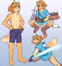alternate_species anthro blue_clothing blue_eyes blue_topwear boots bottomwear brown_boots brown_clothing brown_footwear brown_hair clothed clothing countershading footwear furrification gradient_background hair holding_melee_weapon holding_object holding_sword holding_weapon male master_sword melee_weapon pants shield shoes simple_background solo sword topless topless_anthro topless_male topwear weapon sususuigi breath_of_the_wild nintendo the_legend_of_zelda link canid canine fox mammal 2021 digital_media_(artwork) hi_res shaded