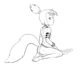 5_toes adolescent anthro bottomwear butt clothing feet female hair humanoid_feet kneeling loincloth loli looking_aside looking_at_viewer plantigrade ponytail pupils slit_pupils solo toes young young_anthro young_female drawfug_01 thundercats thundercats_2011 wilykit animal_humanoid domestic_cat felid feline felis humanoid mammal wildcat black_and_white hi_res line_art monochrome