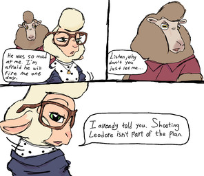 anthro bell brown_body brown_fur brown_wool clothed clothing dialogue duo eyewear female fur glasses green_eyes male romantic romantic_couple simple_background speech_bubble text threatening_violence wearing_glasses white_background white_body white_fur white_wool wool_(fur) wool_hair yellow_eyes miss-ewe3479 disney zootopia dawn_bellwether doug_ramses bovid caprine mammal sheep comic english_text