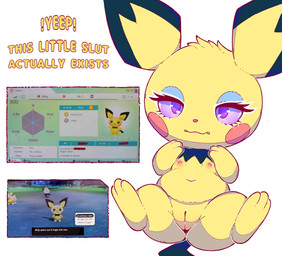 anthro anus breasts eyelashes eyewear female fingers flat_chested fur genitals hair looking_at_viewer molly_(sharalythesheep) nipples nude presenting presenting_anus presenting_vulva screencap simple_background smile solo spread_legs spreading tail text vulva yellow_body yellow_fur young young_anthro sharalythesheep nintendo pokemon generation_2_pokemon generation_4_pokemon mammal pichu pokemon_(species) absurd_res digital_media_(artwork) english_text hi_res spanish_text translated