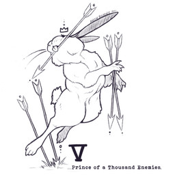 ambiguous_gender arrow_(weapon) arrow_in_mouth card crown five_of_wands_(tarot) floating_crown fur headgear minor_arcana mouth_hold paws ranged_weapon scut_tail short_tail solo tail tarot tarot_card text wands_(tarot) weapon anonbunny watership_down el-ahrairah lagomorph leporid mammal rabbit 2021 black_and_white digital_drawing_(artwork) digital_media_(artwork) english_text hatching_(art) hi_res monochrome shaded