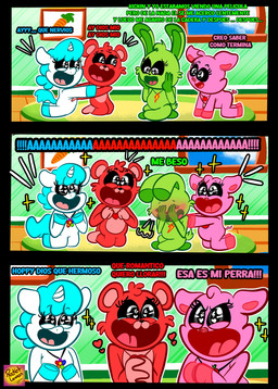 anthro blush female green_body group happy heart_symbol horn pink_body red_body text white_body rocketlennon mob_entertainment mythology poppy_playtime smiling_critters bobby_bearhug craftycorn hoppy_hopscotch pickypiggy bear domestic_pig equid equine lagomorph leporid mammal mythological_creature mythological_equine rabbit suid suine sus_(pig) unicorn absurd_res comic hi_res spanish_text