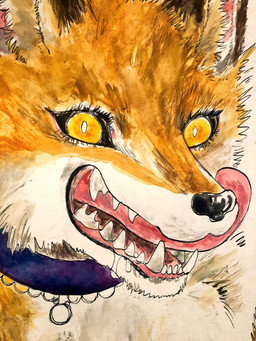 ambiguous_form ambiguous_gender black_nose bodily_fluids collar drooling fangs fur gem jewelry licking licking_lips licking_own_lips looking_at_viewer multicolored_body multicolored_fur necklace open_mouth orange_body orange_eyes orange_fur pupils saliva self_lick sharp_teeth simple_background slit_pupils smile snout solo teeth tongue tongue_out tuft white_body white_fur yellow_eyes kyokyota canid canine fox mammal red_fox true_fox 2018 3:4 headshot_portrait hi_res painting_(artwork) portrait traditional_media_(artwork) watercolor_(artwork)