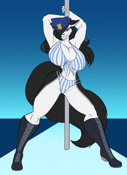anthro big_breasts bikini boots breasts cleavage clothed clothing dancing female footwear huge_breasts looking_at_viewer pole pole_dancing police police_hat pose purple_eyes shoes solo stripper swimwear thick_thighs two-piece_swimsuit wide_hips toughset kristen_wolfheart canid canine canis domestic_dog husky mammal nordic_sled_dog spitz 2019 hi_res