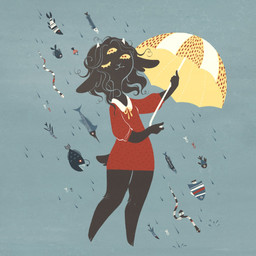 3_eyes anthro black_body black_fur black_hair clothing dress female fur hair hooves horn multi_eye raining red_eyes simple_background solo umbrella whoismonday monday_(whoismonday) alien aquatic bovid caprine fish goat mammal 1:1 hi_res