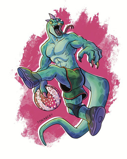 abs anthro ball basketball_uniform bottomwear clothed clothing facial_piercing footwear green_body green_bottomwear green_clothing green_scales green_shorts head_spikes legband male male_anthro multicolored_claws muscular muscular_anthro muscular_male neck_piercing nose_piercing pecs piercing purple_spikes roarball_(ball) scales shoes shorts solo spikes spikes_(anatomy) sportswear tail tongue tongue_out tongue_piercing topless topless_anthro topless_male uniform yellow_sclera tokagery goat_(movie) sony_corporation sony_pictures modo_olachenko komodo_dragon lizard monitor_lizard reptile scalie 2026 4:5 digital_media_(artwork) hi_res