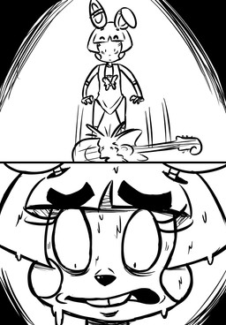 anthro bodily_fluids bow_(feature) bow_tie buckteeth electric_guitar guitar machine male musical_instrument plucked_string_instrument solo string_instrument sweat teeth inkyfrog five_nights_at_freddy's five_nights_at_freddy's_2 scottgames toy_bonnie_(fnaf) animatronic lagomorph leporid mammal rabbit robot 2016 black_and_white comic monochrome