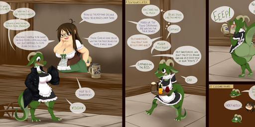 after_transformation ankh anthro apron bar barmaid beverage big_breasts big_butt breasts brown_hair butt claws clothing dialogue duo eyewear female furniture glasses green_body hair holding_beverage holding_object horn huge_butt maid_uniform rectangular_glasses shortstack smile smug stool surprised tail text uniform walking white_apron white_clothing mentalcrash human kobold mammal scalie 2021 absurd_res comic english_text hi_res