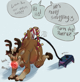 air_pump anal anal_penetration anthro bell bell_harness belly belly_expansion belly_inflation bodily_fluids bullying candy candy_cane candy_cane_in_ass crying dessert expansion fingers food food_fetish food_in_ass food_insertion food_play glowing glowing_nose harness hooved_fingers hooves hose hose_in_butt humiliation improvised_sex_toy inflation insult jingle_bell jingle_bell_harness kneeling male pain penetration raised_tail sex_toy snow strapped_in_toy tail tears text bleakpepper rudolph_the_red-nosed_reindeer deer mammal new_world_deer reindeer absurd_res english_text hi_res