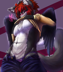 abstract_background ahoge anthro black_nose blush bottomwear bottomwear_down breast_fondling breast_play breasts clothed clothing clothing_lift countershading denim denim_bottomwear denim_clothing ears_down feathered_wings feathers female fondling foreshortening fur glowing hair half-closed_eyes hand_on_breast heart_symbol jeans looking_at_viewer multicolored_hair nails narrowed_eyes natural_breasts navel outline panties pants pants_down partially_clothed pattern_background pattern_bottomwear pattern_clothing pattern_panties pattern_underwear perspective pivoted_ears pockets purple_background purple_clothing purple_panties purple_underwear red_eyes red_hair seductive shirt shirt_lift short_hair simple_background smile smirk solo striped_background striped_bottomwear striped_clothing striped_panties striped_underwear stripes sweater tail tan_clothing tan_sweater tan_topwear teasing text topwear tuft two_tone_hair underwear wings ingi ingi_(character) canid canine fox mammal digital_media_(artwork) half-length_portrait portrait