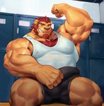 anthro barazoku beard biceps big_muscles body_hair bottomwear brown_nose brown_orange bulge chest_hair chest_tuft clothed clothing detailed_bulge erection erection_under_clothing facial_hair flexing flexing_bicep fur genital_outline goatee green_eyes hair hairy huge_muscles inside locker_room looking_at_viewer male muscular muscular_anthro muscular_male muscular_thighs nipples nipples_visible_through_clothing orange_body orange_fur pecs penis_outline red_hair serratus sharp_teeth shirt sideburns sitting smile solo tank_top teeth topwear triceps tuft episode0006 bear mammal absurd_res hi_res