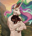 brown_body carrying_another clothed clothing crown detailed_background duo eyes_closed facial_hair female feral headgear horn male religion standing tiara white_body greg_olsen olspirt friendship_is_magic hasbro my_little_pony mythology jesus_christ princess_celestia_(mlp) equid equine human mammal mythological_creature mythological_equine unicorn digital_media_(artwork) digital_painting_(artwork) inspired_by_formal_art