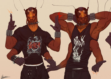 4_arms alternative_fashion antennae_(anatomy) anthro athletic bracelet clothing collar flexing flexing_bicep flexing_both_biceps jewelry male multi_arm multi_limb print_clothing print_shirt print_t-shirt print_topwear punk raised_arm shirt solo spiked_bracelet spiked_collar spikes t-shirt topwear ekzonzz animal_humanoid arthropod arthropod_humanoid blattodean cockroach cockroach_humanoid humanoid insect insect_humanoid hi_res