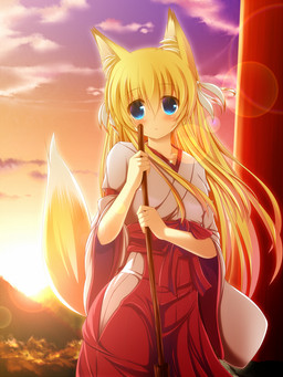 asian_clothing blonde_hair blue_eyes blush clothing cloud east_asian_clothing female hair japanese_clothing lens_flare long_hair looking_at_viewer miko_outfit outside sky solo sun sunset tail syroh konoha_(nozomi_tsubame) animal_humanoid canid canid_humanoid canine canine_humanoid fox fox_humanoid humanoid mammal mammal_humanoid hi_res