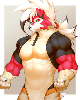 5_fingers anthro biceps big_muscles black_claws black_clothing black_shirt black_topwear border bottomwear claws clothed clothed_anthro clothed_male clothing deltoids finger_claws fingerless_gloves fingers floppy_ears folded_ears front_view fully_clothed fully_clothed_anthro fully_clothed_male fur gloves hair handwear looking_down male mouth_closed muscular muscular_anthro muscular_male pecs pose pupils red_body red_eyes red_fur serratus shirt simple_background slit_pupils snout solo tail tan_background tan_bottomwear tan_clothing tan_fingerless_gloves tan_gloves tan_handwear tan_topwear tied_hair tight_clothing tight_shirt tight_topwear topwear white_body white_border white_fur white_hair white_sclera captainjohkid nintendo pokemon generation_7_pokemon lycanroc midnight_lycanroc pokemon_(species) 2024 absurd_res half-length_portrait hi_res portrait