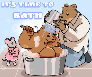 anthro bathing bottomwear brown_body clothing eyes_closed group kemono male pants shirt size_difference slightly_chubby topwear ham_won_art ernest_and_celestine bolero_(ernest_and_celestine) celestine_(ernest_and_celestine) ernest_(ernest_and_celestine) bear mammal mouse murid murine rodent 2025 hi_res