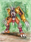 abstract_background arm_strap armor breastplate claw_(weapon) claws codpiece front_view gauntlets_(weapon) glistening glistening_eyes green_eyes headgear helmet horn horned_helmet male melee_weapon orange_body pauldron schynbalds solo standing tassets weapon white_claws kola_(artist) bandai_namco digimon arlo digimon_(species) wargreymon 2015 dated painting_(artwork) signature traditional_media_(artwork) traditional_painting_(artwork) traditional_watercolor_(artwork) watercolor_(artwork)