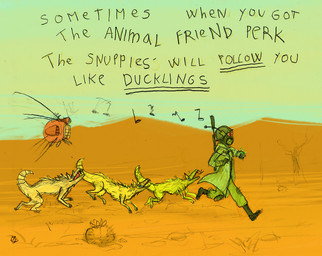 ambiguous_gender armor barrel_cactus boots clothed clothing day desert duster_coat fangs feral following footwear forked_tongue fully_clothed fur group headgear helmet machine musical_note musical_symbol ncr_ranger new_california_republic new_vegas open_mouth outside pip-boy running scales shoes symbol tail teeth text tongue yellow_body yellow_fur yellow_scales leona-florianova fallout microsoft ed-e_(fallout) the_courier_(fallout) eyebot_(fallout) human mammal night_stalker_(fallout) robot english_text