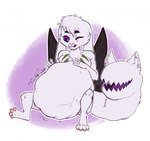 abdominal_bulge big_ears breasts dark_wings female female_pred footprint fully_inside fur nude pawprint purple_eyes small_breasts soft_vore solo tail tail_mouth unusual_anatomy unusual_tail vore white_body white_fur wings liss basilic_(character) ayakashi hi_res